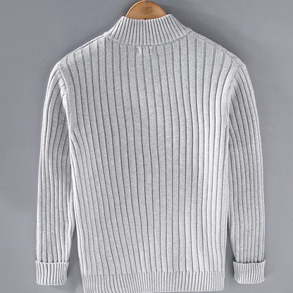 Men's relaxed-fit ribbed-knit zip-front cardigan sweater with stand collar, ideal for winter, by Homixa.