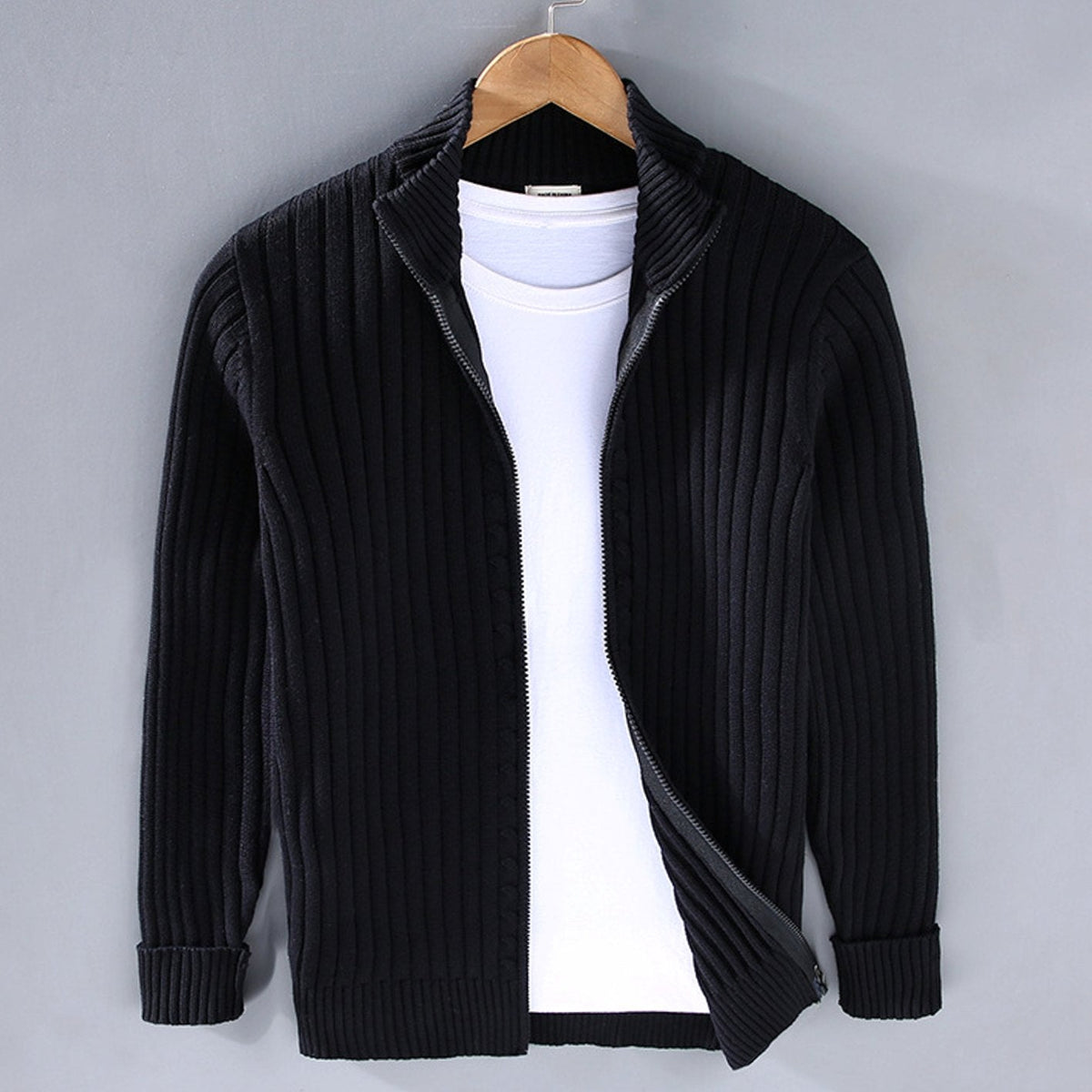 Men's winter relaxed-fit ribbed-knit zip-front cardigan sweater with stand collar, by Homixa.