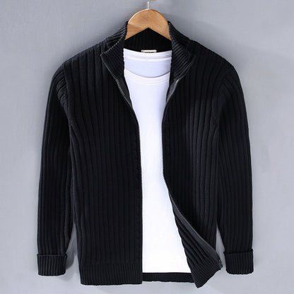 Men's winter relaxed-fit ribbed-knit zip-front cardigan sweater with stand collar, by Homixa.