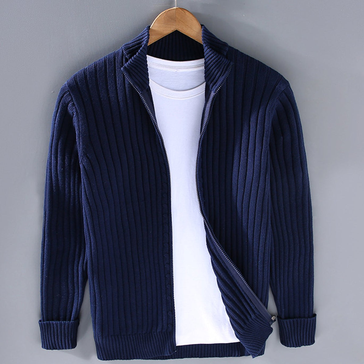 Men's relaxed-fit ribbed knit zip-front cardigan sweater with stand collar, ideal for winter, by Homixa.