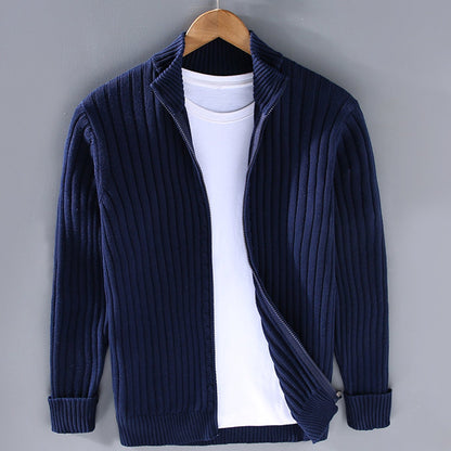 Men's relaxed-fit ribbed knit zip-front cardigan sweater with stand collar, ideal for winter, by Homixa.