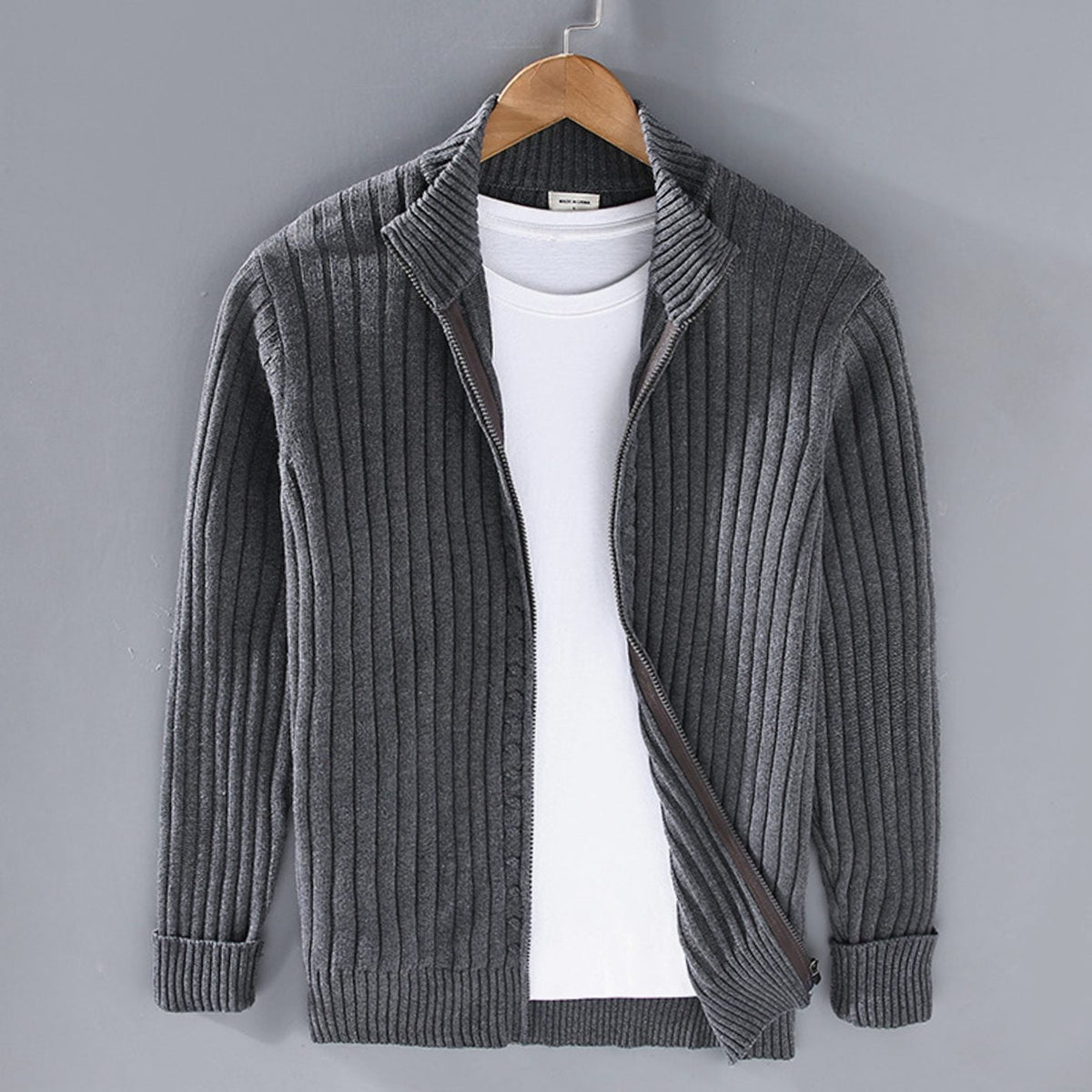 Men's relaxed-fit ribbed-knit zip-front cardigan sweater with stand collar, ideal for winter, by Homixa.