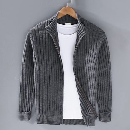 Men's relaxed-fit ribbed-knit zip-front cardigan sweater with stand collar, ideal for winter, by Homixa.