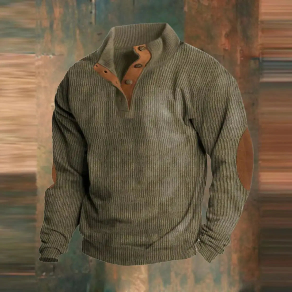 Men's Retro Ribbed-Knit Sweater by Homixa featuring a quarter-snap collar and elbow patches, shown on a model.