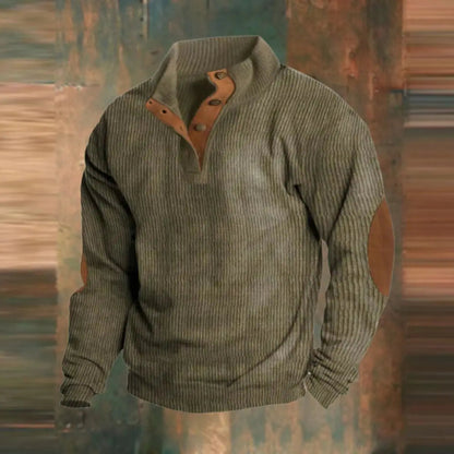 Men's Retro Ribbed-Knit Sweater by Homixa featuring a quarter-snap collar and elbow patches, shown on a model.