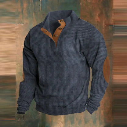 Men's Retro Ribbed-Knit Pullover Sweater by Homixa featuring a quarter-snap collar and elbow patches, shown in navy blue.