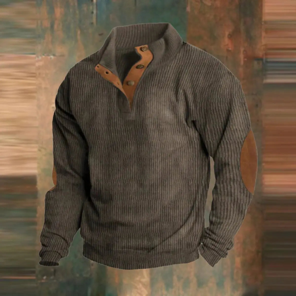 Homixa men's retro ribbed-knit pullover sweater with quarter-snap collar and elbow patches, shown on a model.