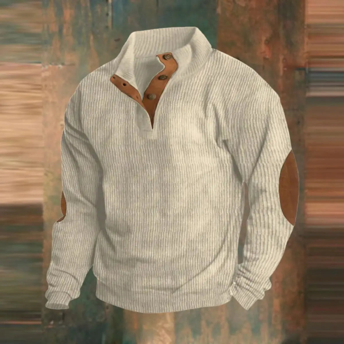 Homixa men's retro ribbed-knit pullover sweater with quarter-snap collar and elbow patches, styled for a classic look.