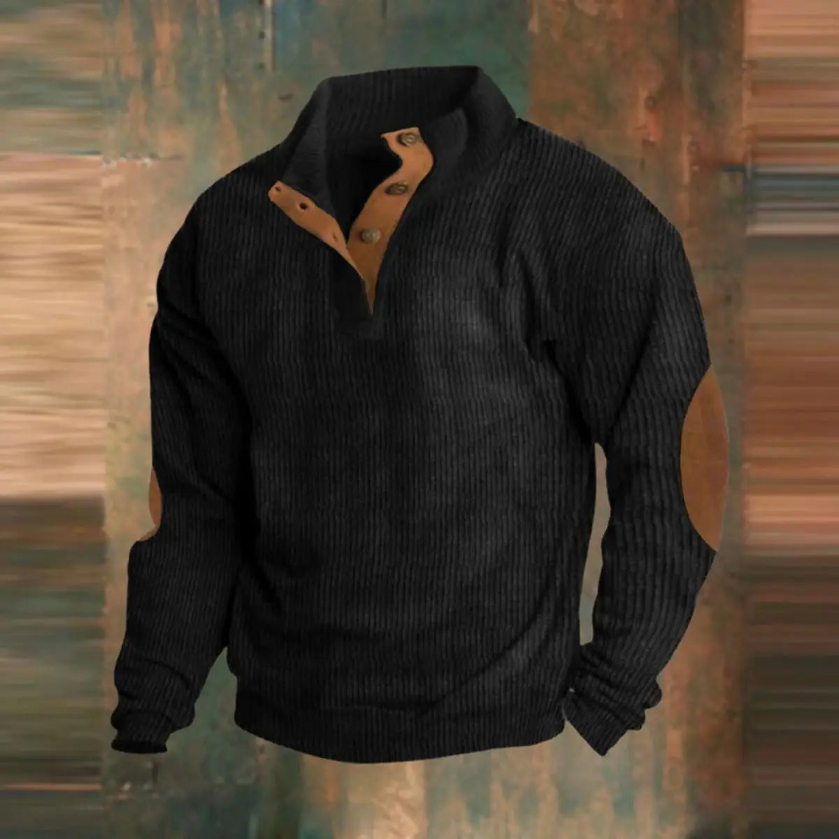 Men's Homixa retro ribbed-knit pullover sweater with quarter-snap collar and elbow patches, shown on a model.