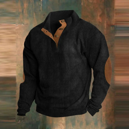 Men's Homixa retro ribbed-knit pullover sweater with quarter-snap collar and elbow patches, shown on a model.