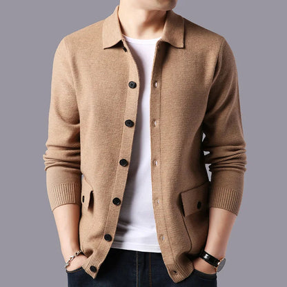 Men's ribbed-knit button-front cardigan by Homixa featuring patch pockets and a structured collar, displayed on a model.