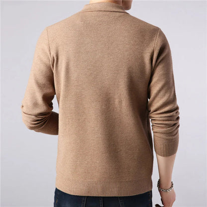 Men's ribbed-knit button-front cardigan with patch pockets and structured collar by Homixa, shown on a model.