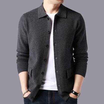 Men's ribbed-knit button-front cardigan by Homixa with patch pockets and a structured collar, shown on a model.