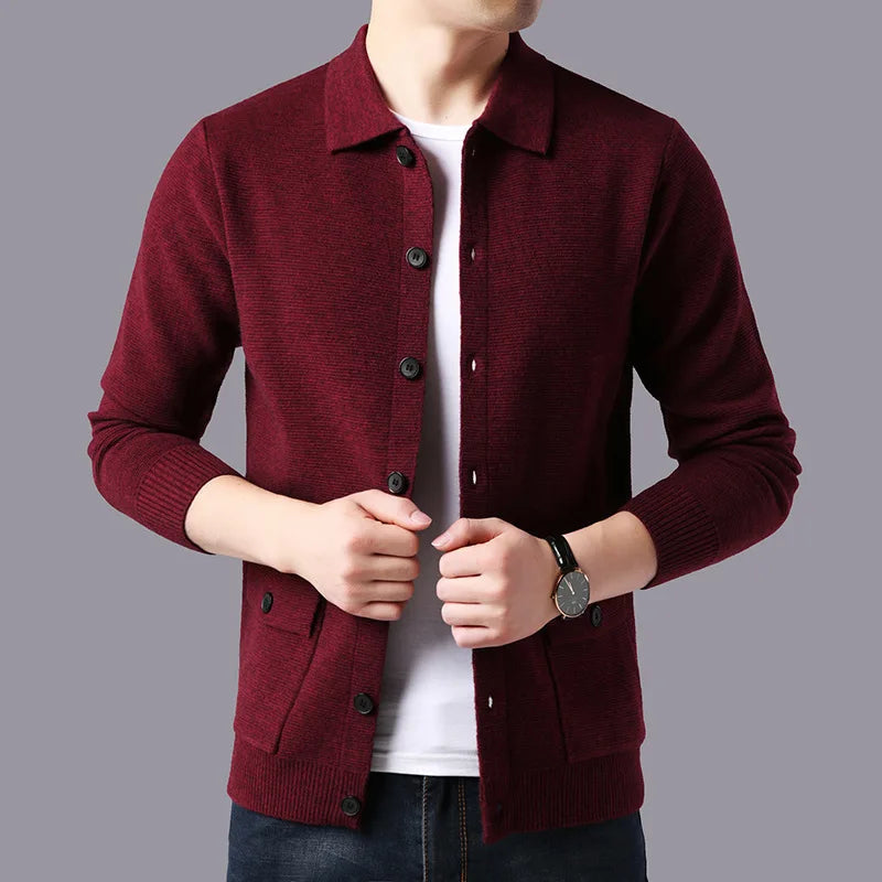 Men's ribbed-knit button-front cardigan by Homixa featuring patch pockets and a structured collar, displayed on a neutral background.