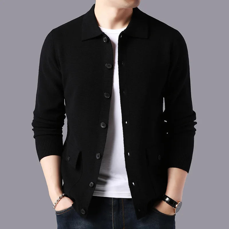 Men's ribbed-knit button-front cardigan with patch pockets and a structured collar by Homixa, shown on a model.