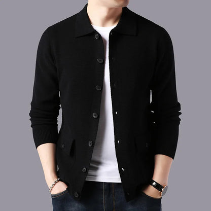 Men's ribbed-knit button-front cardigan with patch pockets and a structured collar by Homixa, shown on a model.