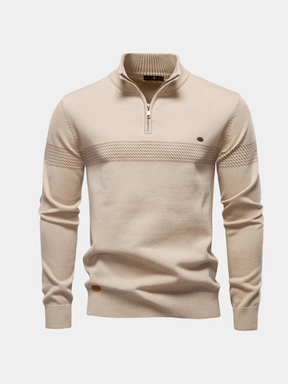 Men's ribbed-knit half-zip sweater with mock neck and bold striped pattern by Homixa, showing the front view.