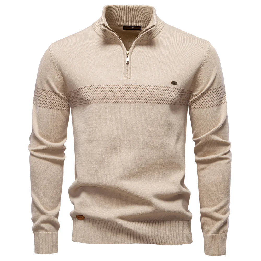 Men's Ribbed-Knit Half-Zip Sweater with Mock Neck and Bold Striped Pattern by Homixa, showing front view and detailed knit texture.