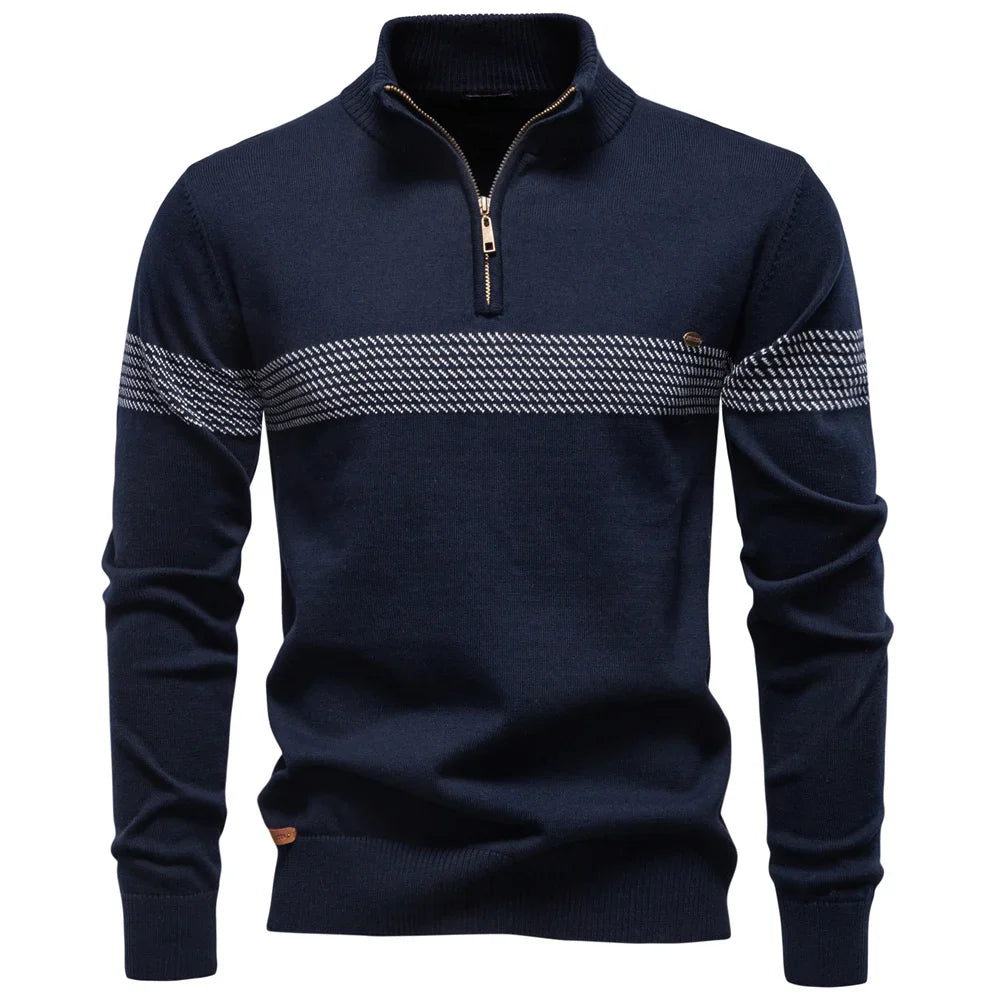 Men's Homixa ribbed-knit half-zip sweater with mock neck and bold striped pattern, showcasing the stylish design and textured fabric.