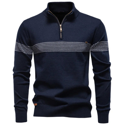 Men's Homixa ribbed-knit half-zip sweater with mock neck and bold striped pattern, showcasing the stylish design and textured fabric.