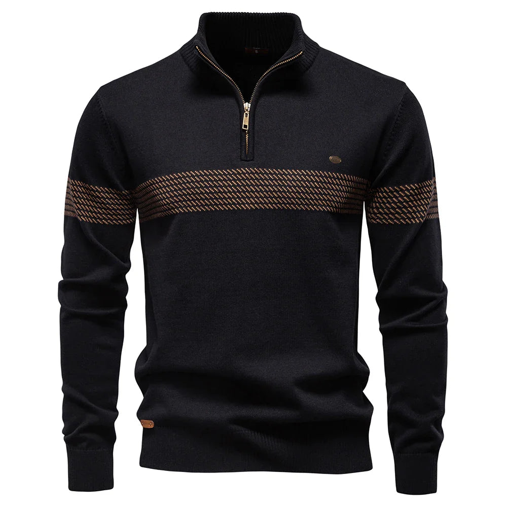 Men's Homixa ribbed-knit half-zip sweater with mock neck and bold striped pattern, showcasing its stylish design and textured fabric.