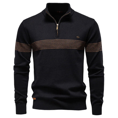 Men's Homixa ribbed-knit half-zip sweater with mock neck and bold striped pattern, showcasing its stylish design and textured fabric.