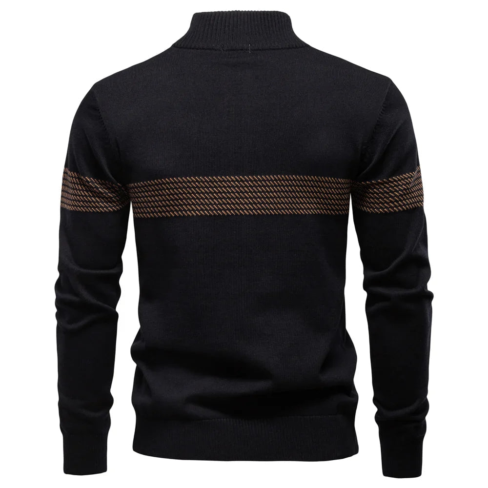 Men's ribbed-knit half-zip sweater with mock neck and bold striped pattern by Homixa, showcasing a stylish men's sweater.