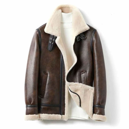 Men's shearling-lined leather aviator jacket with zip-front closure by Homixa, featuring a rugged leather finish and warm shearling lining.