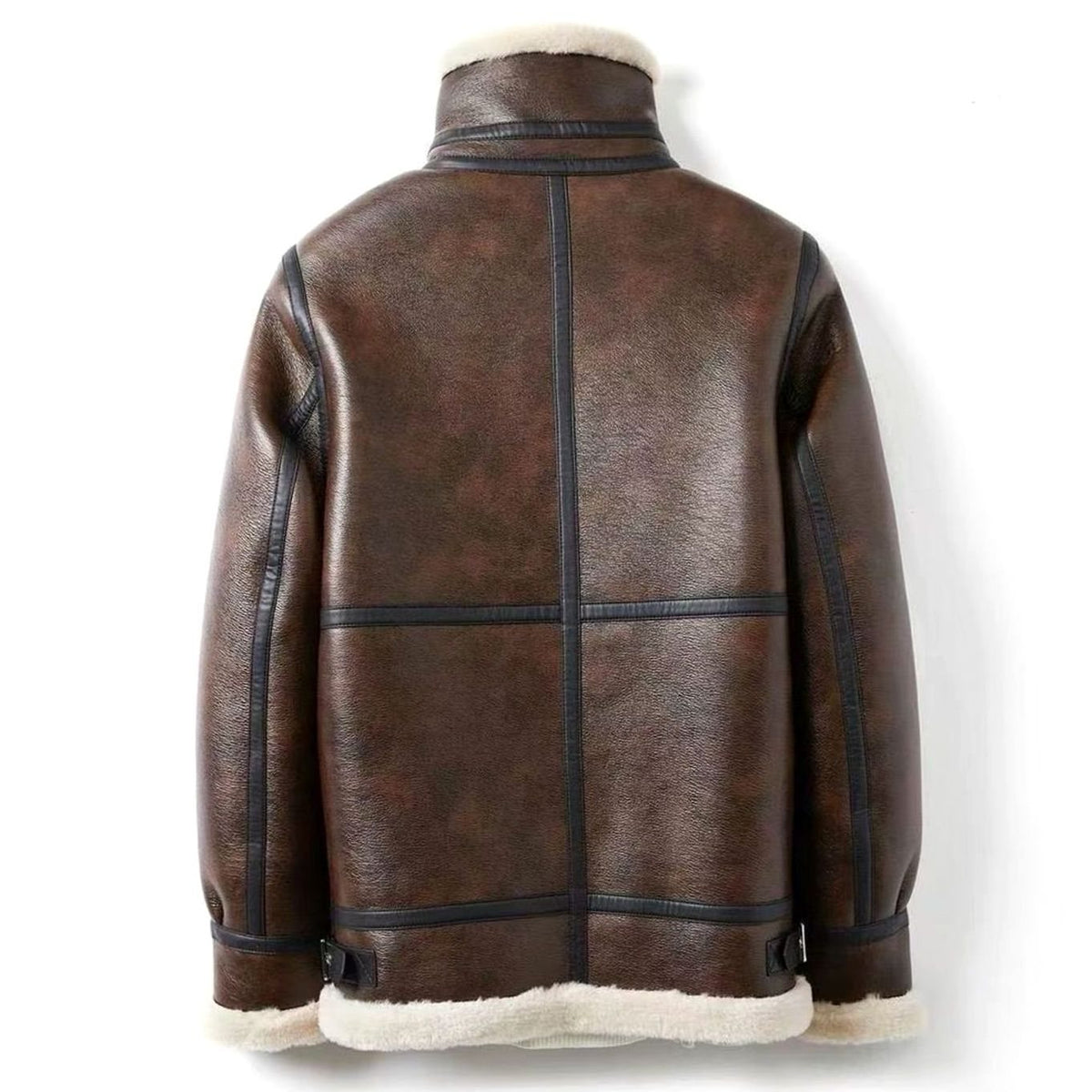 Men's shearling-lined leather aviator jacket with zip-front closure, featuring a rugged leather finish and warm shearling lining.