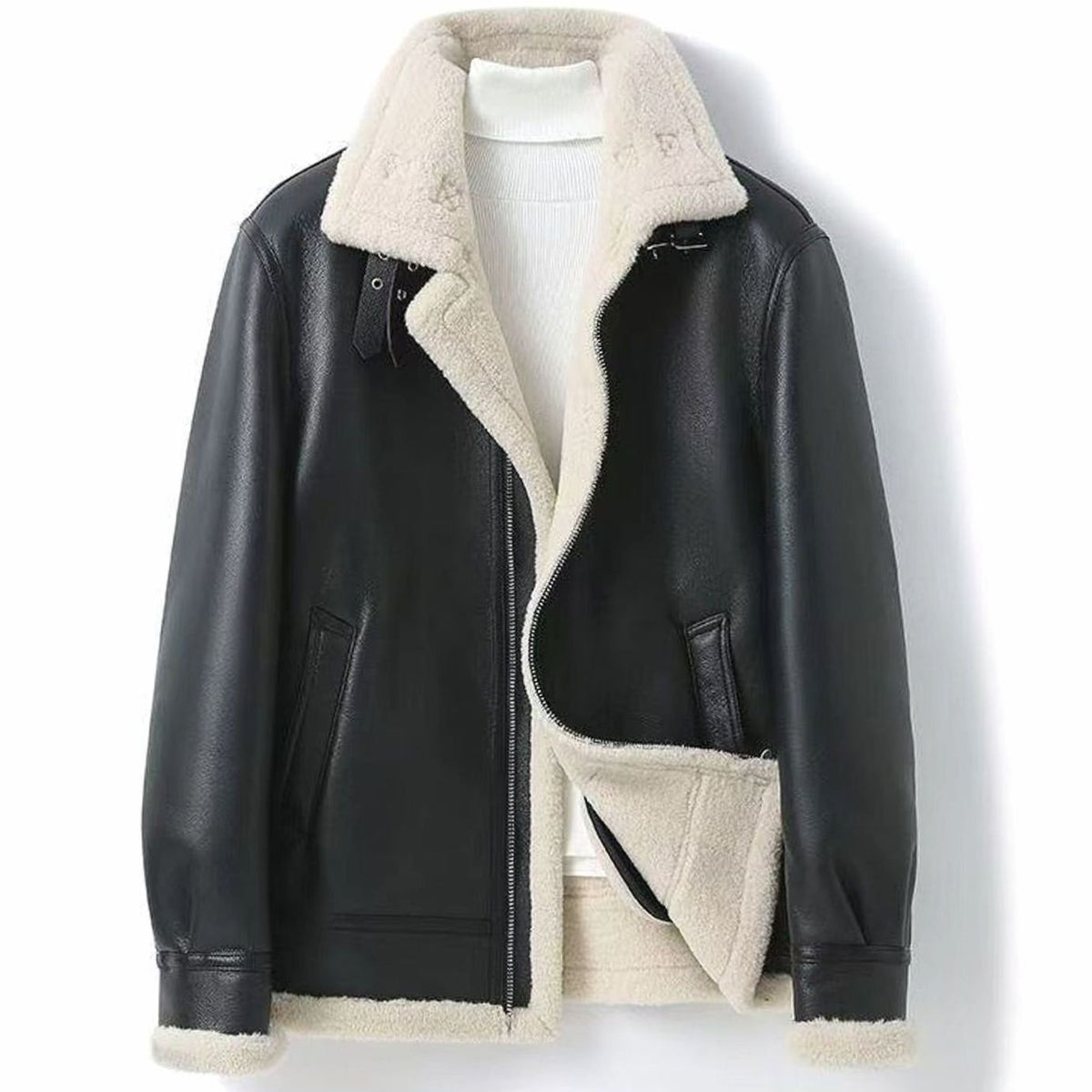Men's shearling-lined leather aviator jacket with zip-front closure, featuring a rugged leather finish and warm shearling lining.