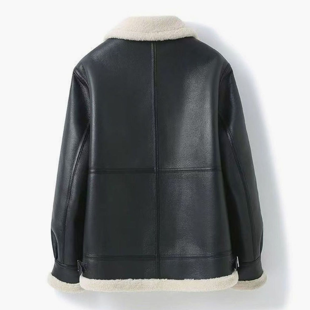 Men's shearling-lined leather aviator jacket with zip-front closure, black leather finish, and warm shearling interior by Homixa.
