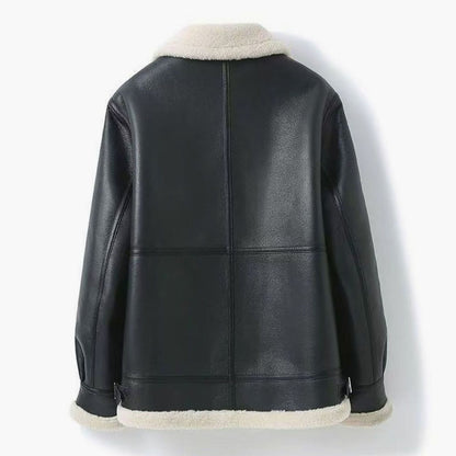 Men's shearling-lined leather aviator jacket with zip-front closure, black leather finish, and warm shearling interior by Homixa.