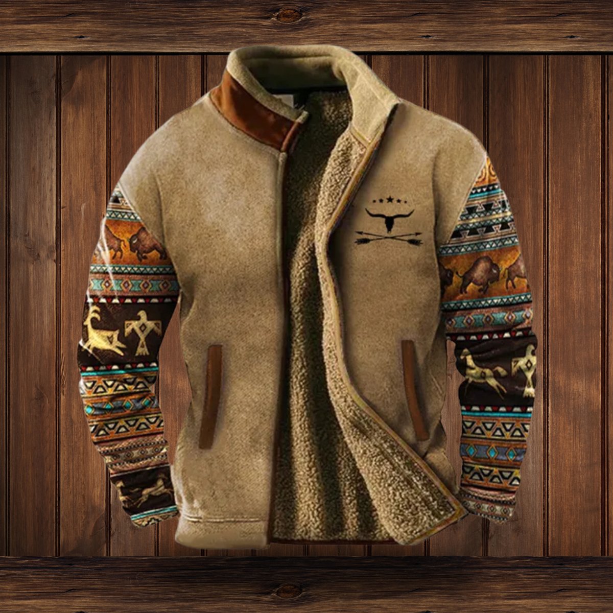 Men's Sherpa-lined fleece jacket by Homixa featuring Aztec-patterned sleeves and a zip front, Western style for rugged comfort.