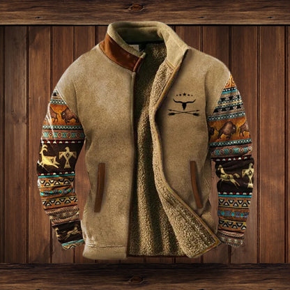 Men's Sherpa-lined fleece jacket by Homixa featuring Aztec-patterned sleeves and a zip front, Western style for rugged comfort.