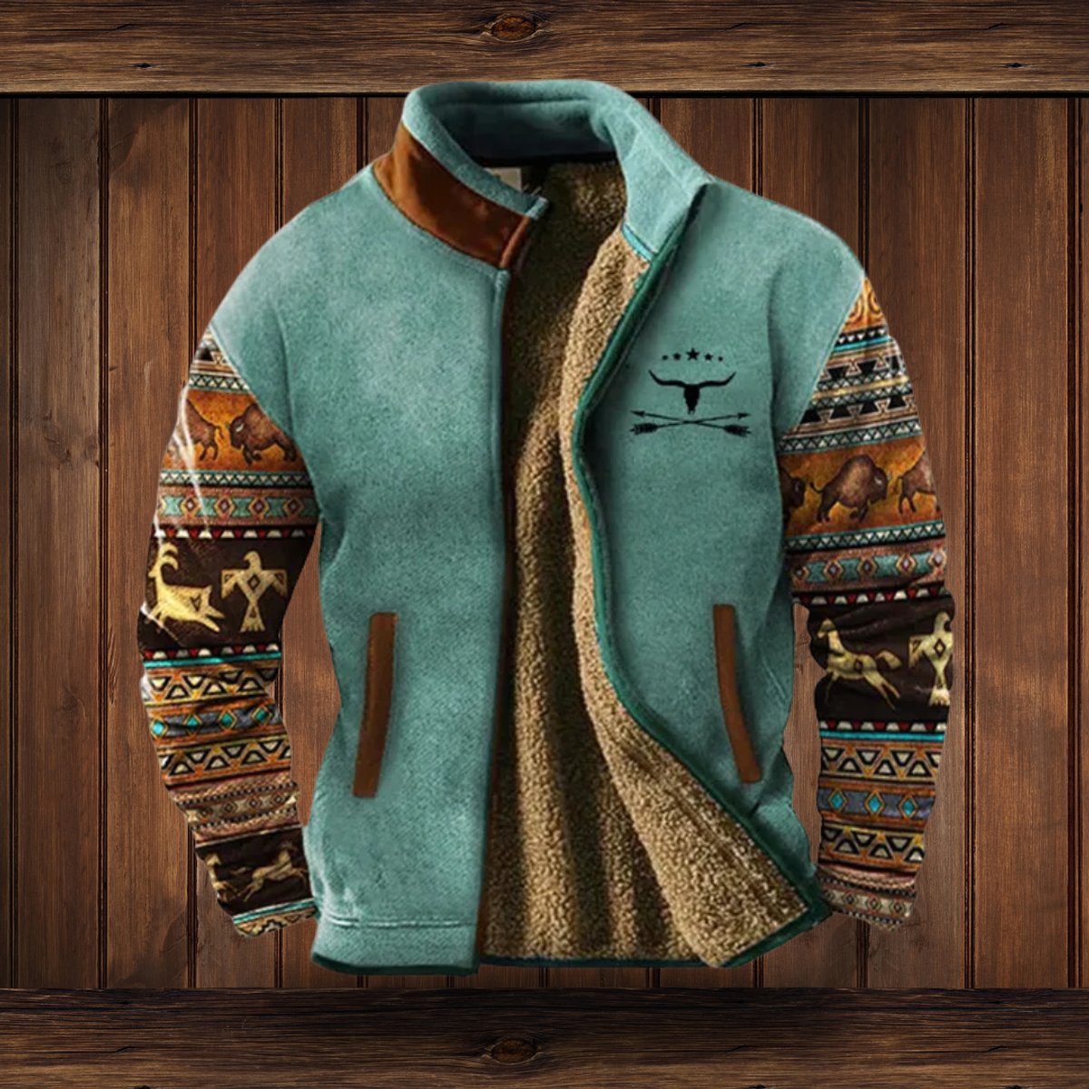 Men's Sherpa-lined fleece jacket by Homixa featuring Aztec-patterned sleeves and a zip front, Western style and cozy design.