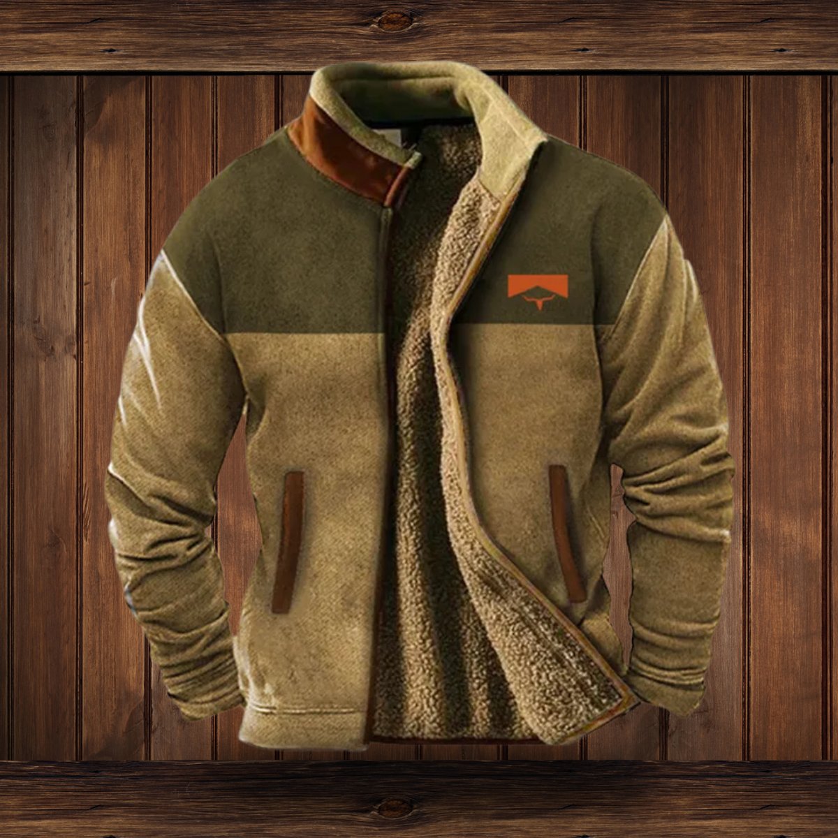 Men's Sherpa-lined fleece jacket by Homixa featuring Aztec-patterned sleeves, zip front, western style, warm and stylish for men.
