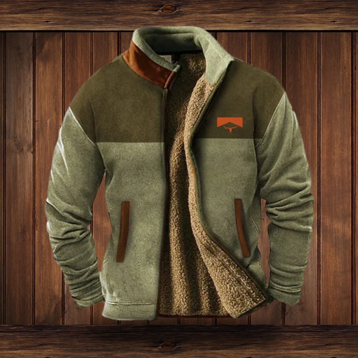 Men's Sherpa-lined fleece jacket with Aztec-patterned sleeves and zip front, Western style by Homixa.