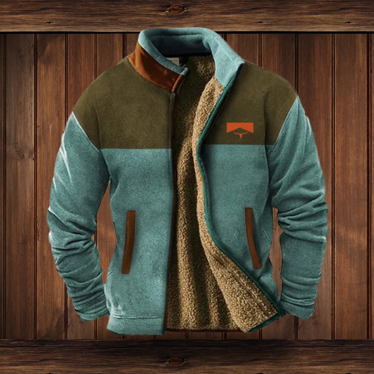 Men's Sherpa-lined fleece jacket by Homixa with Aztec-patterned sleeves, zip front, Western style, cozy and stylish for fall.