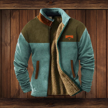 Men's Sherpa-lined fleece jacket by Homixa with Aztec-patterned sleeves, zip front, Western style, cozy and stylish for fall.