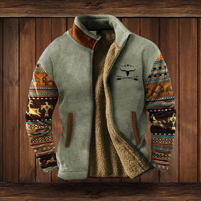 Men's Sherpa-lined fleece jacket by Homixa with Aztec-patterned sleeves and a zip front, western style for warm, rugged comfort.