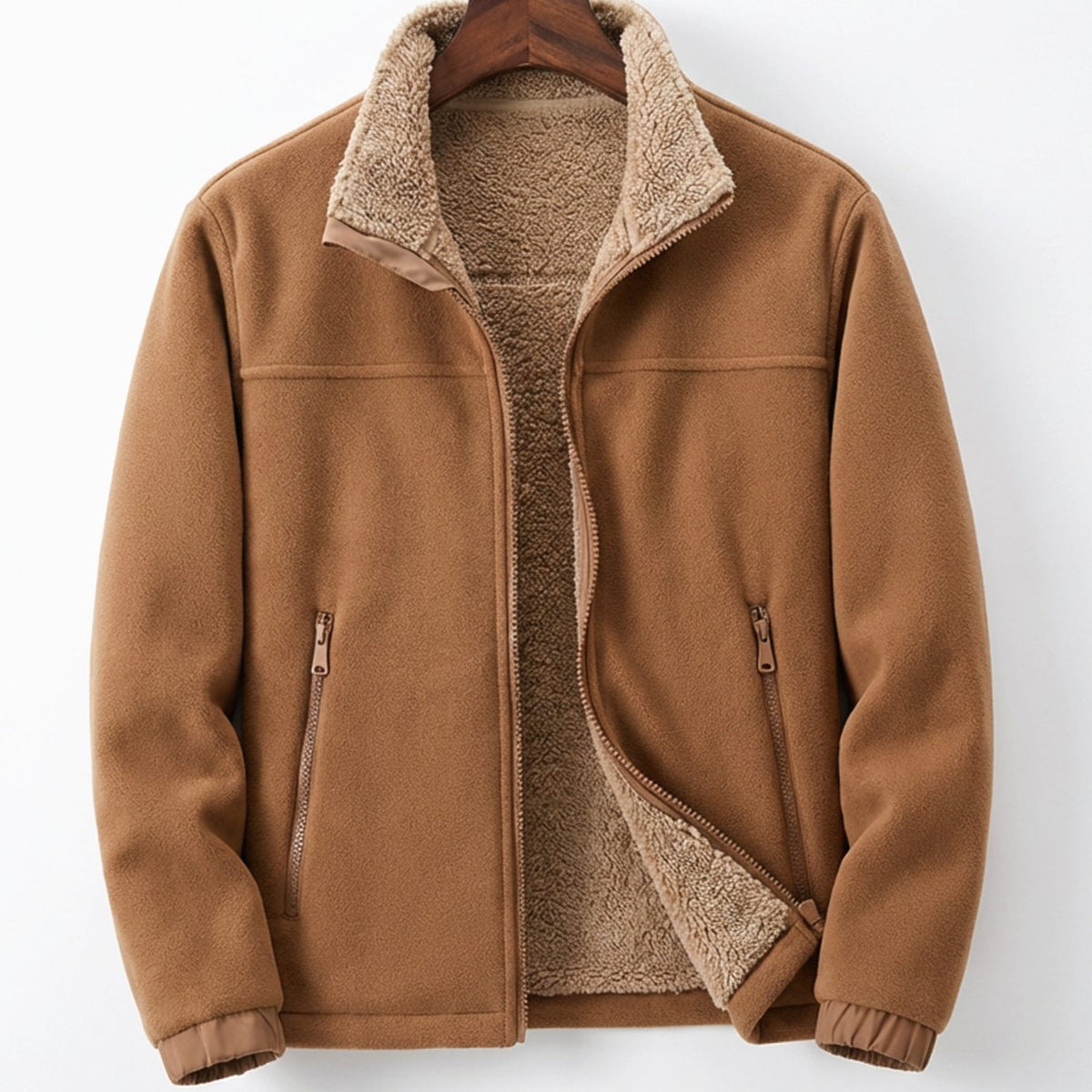 Men's Sherpa-lined full-zip fleece jacket with relaxed fit and side-zip pockets, by Homixa, shown in a cozy, casual style.