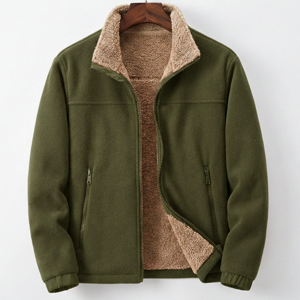 Homixa men's Sherpa-lined full-zip fleece jacket with relaxed fit and side-zip pockets, showcasing cozy interior and casual style.