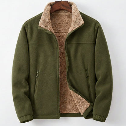 Homixa men's Sherpa-lined full-zip fleece jacket with relaxed fit and side-zip pockets, showcasing cozy interior and casual style.