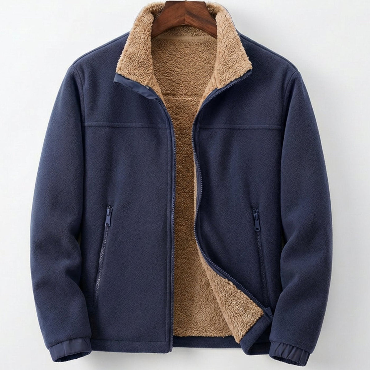 Men's Sherpa-lined full-zip fleece jacket by Homixa with relaxed fit and side-zip pockets, showcasing cozy interior and casual style.