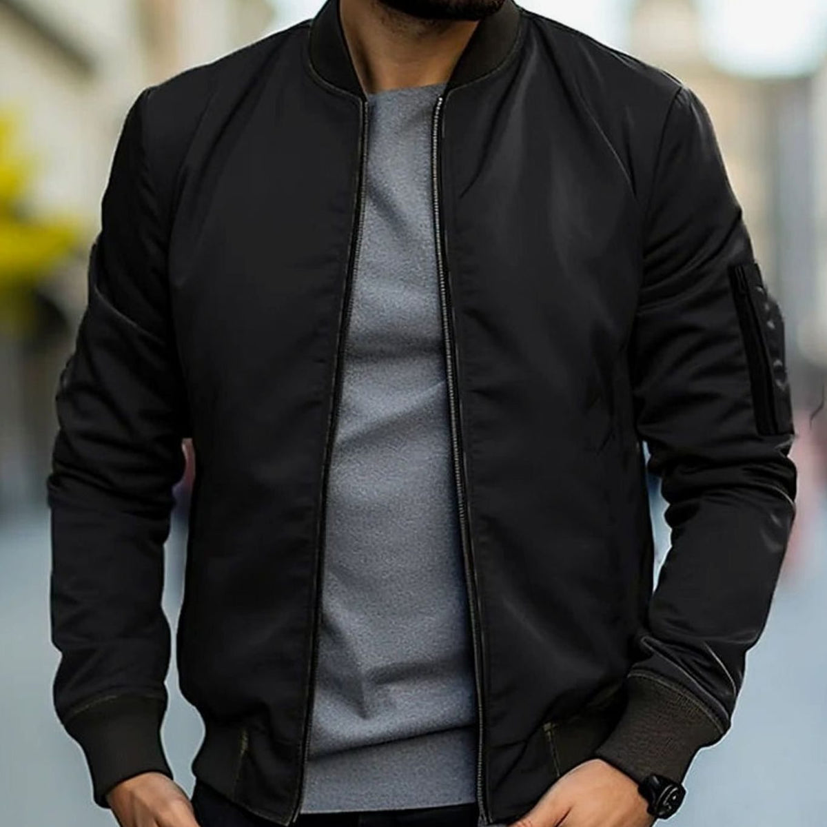 Men's short-cut bomber jacket by Homixa featuring a full zip, ribbed cuffs, collar, and hem, displayed on a model.