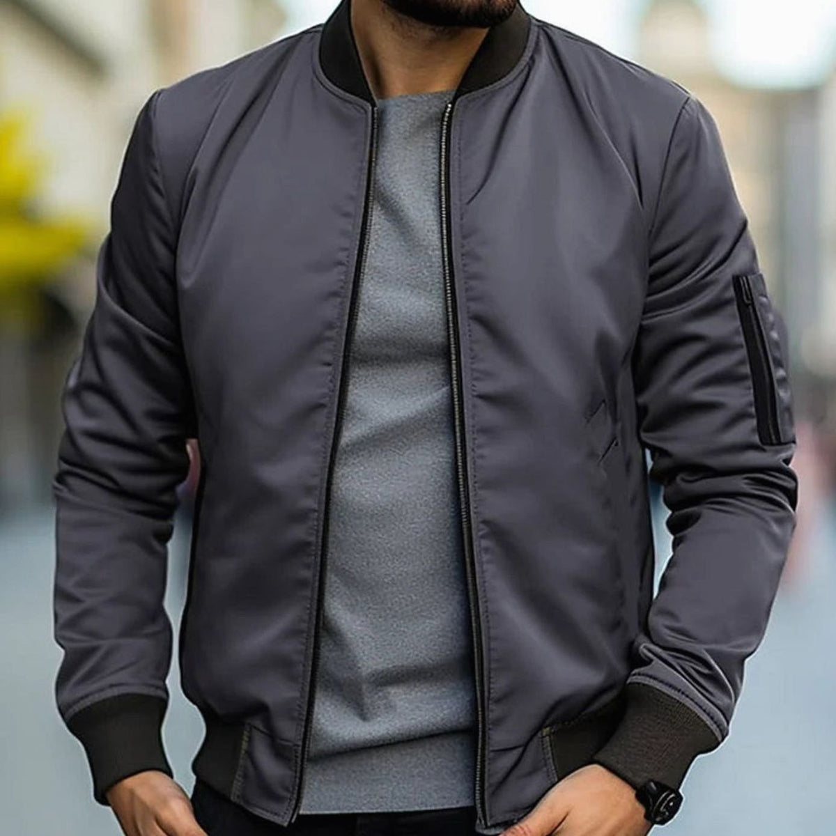 Men's short-cut bomber jacket by Homixa featuring a full zip, ribbed cuffs, collar, and hem, shown on a mannequin.