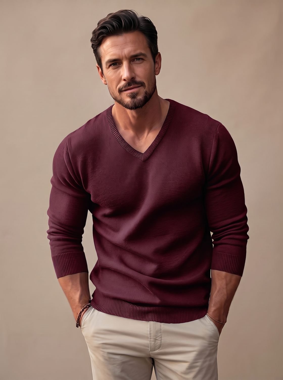 Homixa men's slim-fit fine-knit V-neck sweater with ribbed hem and cuffs, showcasing a close-up of the stretch fabric and stylish fit.