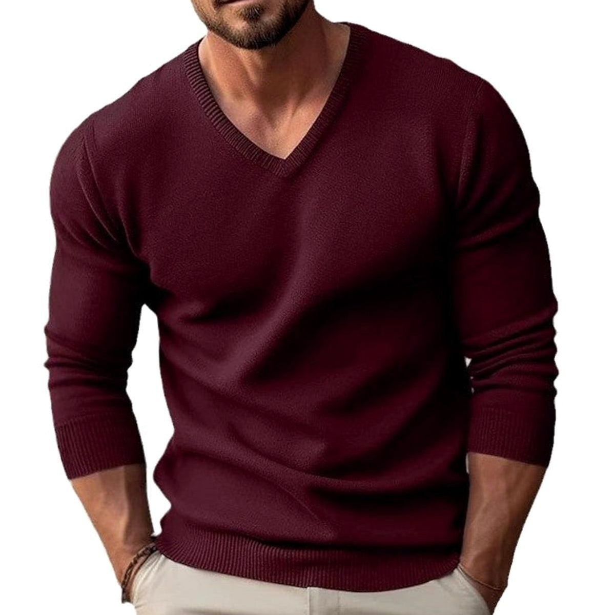 Men's slim-fit fine-knit V-neck sweater by Homixa with ribbed cuffs and stretch blend, displayed on a mannequin.