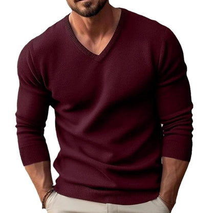 Men's slim-fit fine-knit V-neck sweater by Homixa with ribbed cuffs and stretch blend, displayed on a mannequin.