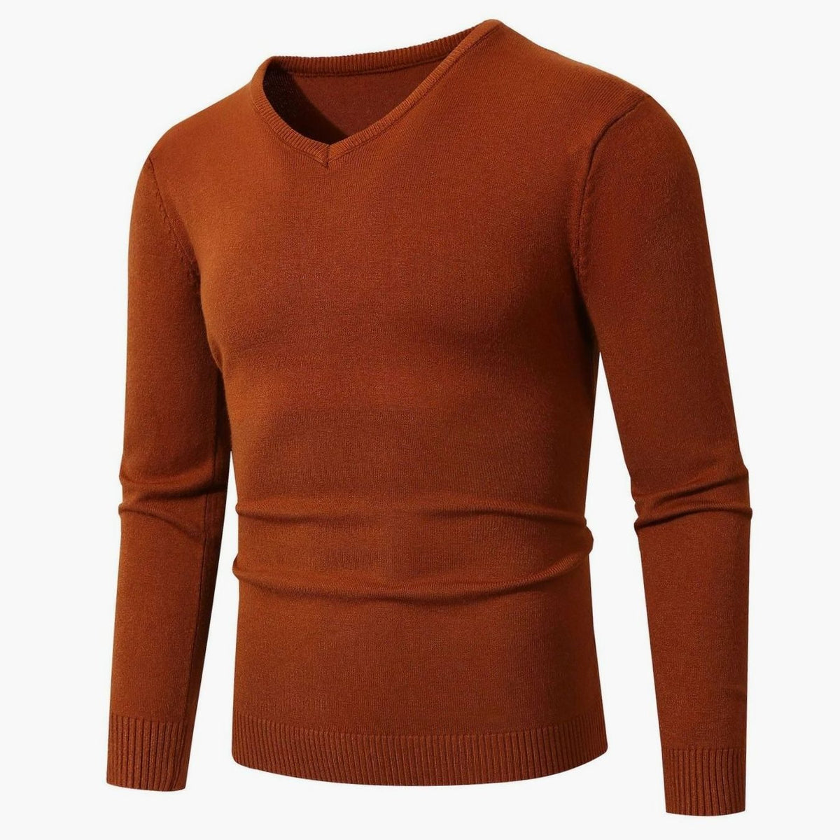Men's slim-fit, fine-knit V-neck sweater by Homixa featuring ribbed cuffs and a stretch blend fabric.